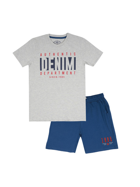 

Masculino Latino Boys Grey Melange & Blue Printed T-shirt with Shorts
