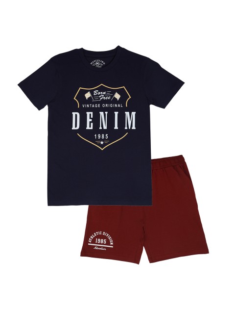 

Masculino Latino Boys Navy Blue & Maroon Printed Pure Cotton T-Shirt With Shorts