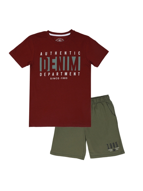 

Masculino Latino Boys Maroon & Olive Green Printed T-shirt with Shorts