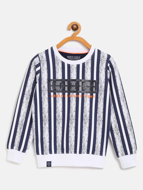 

Monte Carlo Boys White & Navy Blue Cotton Striped Sweatshirt with Typography Print Detail