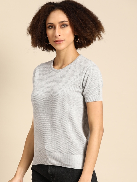 

United Colors of Benetton Women Grey Melange Cotton Geometric Woven Design Pullover