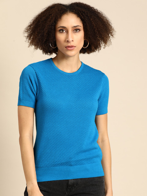

United Colors of Benetton Women Blue Cotton Geometric Woven Design Pullover