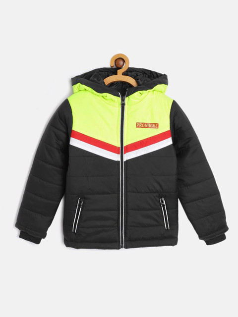 

Provogue Boys Fluorescent Green & Black Colourblocked Hooded Padded Jacket