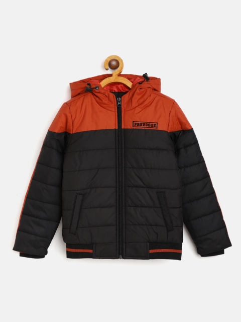 

Provogue Boys Black & Rust Red Colourblocked Hooded Bomber Jacket with Embroidered Detail