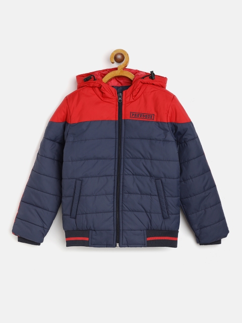 

Provogue Boys Navy Blue & Red Colourblocked Hooded Bomber Jacket with Embroidered Detail