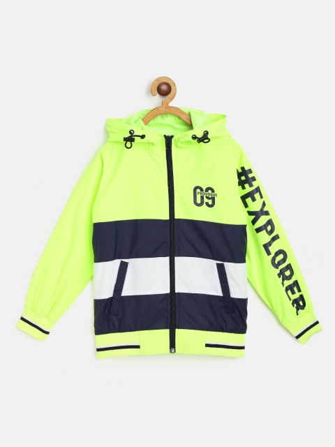 

Provogue Boys Fluorescent Green & Navy Blue Colourblocked Hooded Bomber Jacket