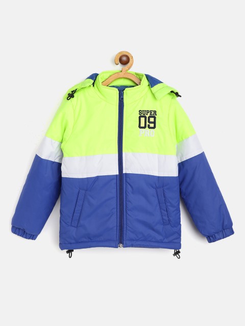

Provogue Boys Fluorescent Green & Blue Colourblocked Padded Hooded Jacket