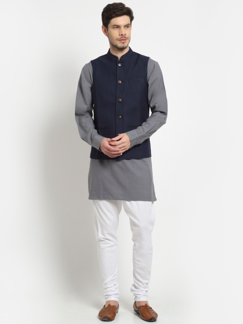 

Ekmatra Men Navy Blue Solid Pure Cotton Khadi Woven Nehru Jacket