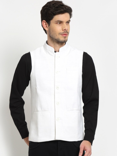 

Ekmatra Men White Solid Pure Cotton Khadi Woven Nehru Jacket