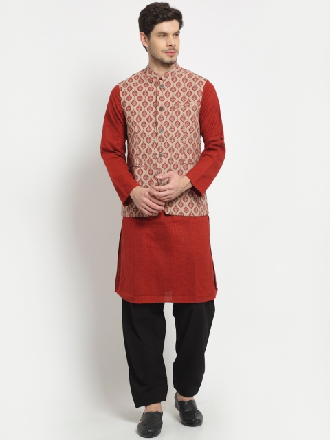 

Ekmatra Men Red & Beige Printed Woven Khadi Nehru Jacket