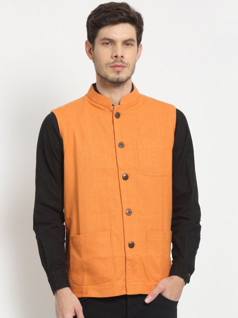 

Ekmatra Men Orange Solid Pure Cotton Khadi Nehru Jacket