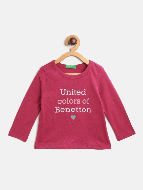 

United Colors of Benetton Girls Magenta Brand Logo Print Cotton T-shirt