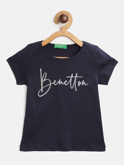 

United Colors of Benetton Girls Navy Blue & Silver Brand Logo Print Pure Cotton T-shirt