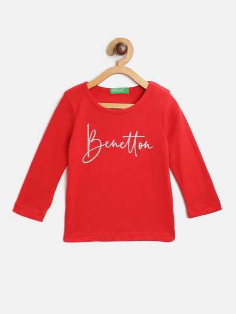 

United Colors of Benetton Girls Red & Silver-Toned Brand Logo Print Cotton T-shirt