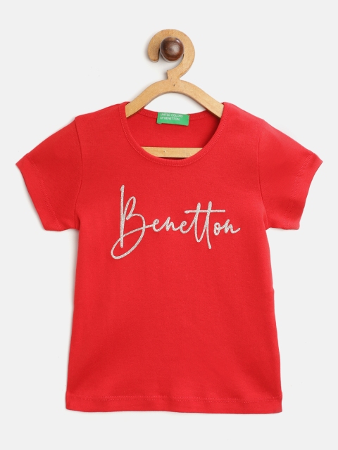 

United Colors of Benetton Girls Red & Silver-Toned Brand Logo Print Pure Cotton T-shirt