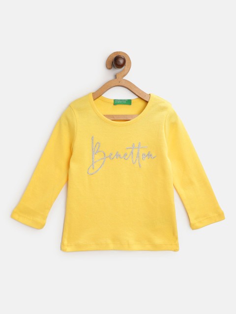 

United Colors of Benetton Girls Yellow & Silver Brand Logo Print Cotton T-shirt