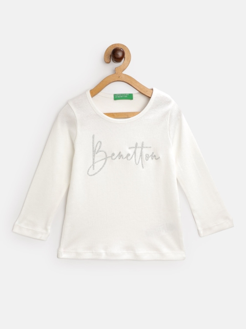 

United Colors of Benetton Girls White & Silver Brand Logo Print Cotton T-shirt