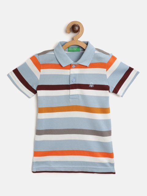 

United Colors of Benetton Boys Blue & White Striped Polo Collar Pure Cotton T-shirt