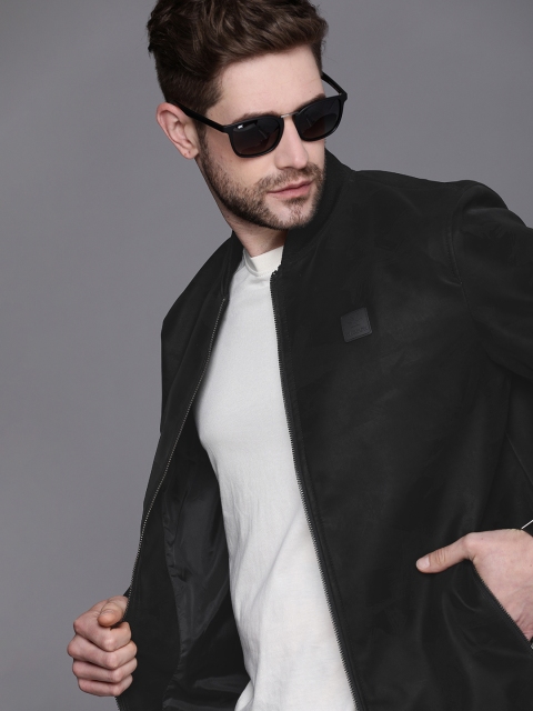 

WROGN Men Black Solid Velvet Finish Bomber Jacket