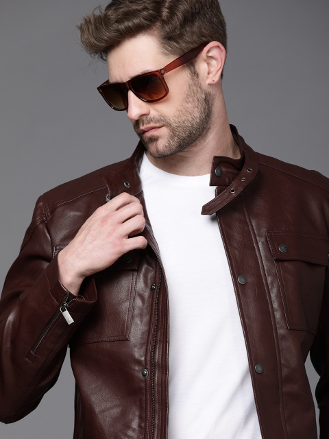 

WROGN Men Burgundy Textured Biker Jacket