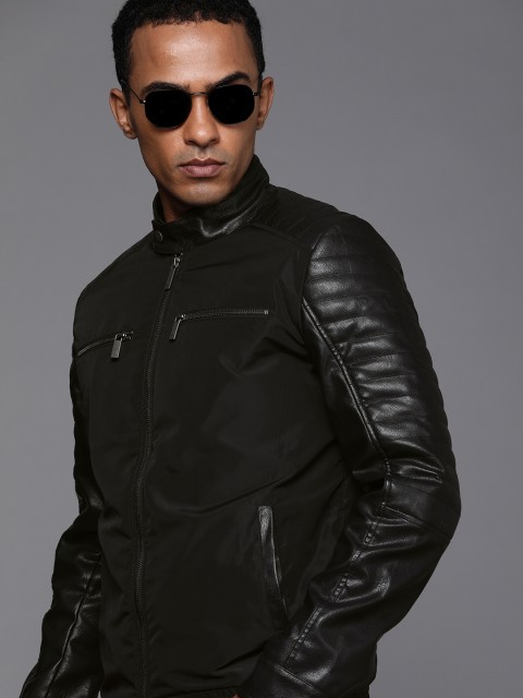 

WROGN Men Black Solid Stand-Collar Leather Jacket
