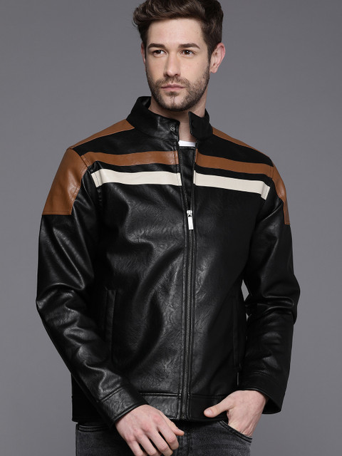 

WROGN Men Black Colourblocked Stand-Collar Leather Jacket
