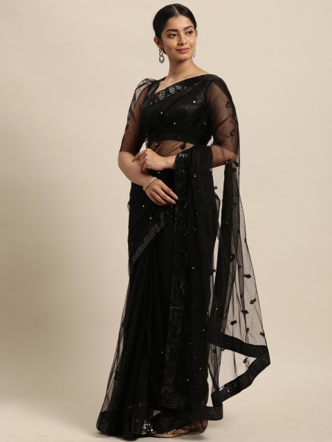 

Janasya Black Ethnic Motifs Sequinned Net Saree
