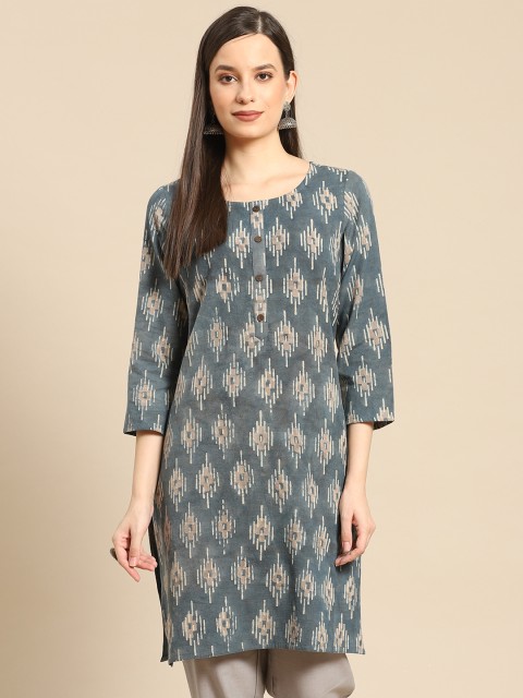 

Prakrti Grey Pure Cotton Handblock Ikat Print Kurta