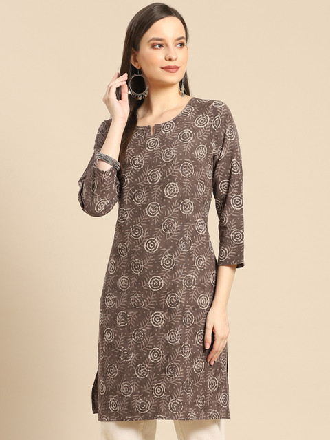

Prakrti Taupe & Off White Handblock Leaf Print Pure Cotton Straight Kurta