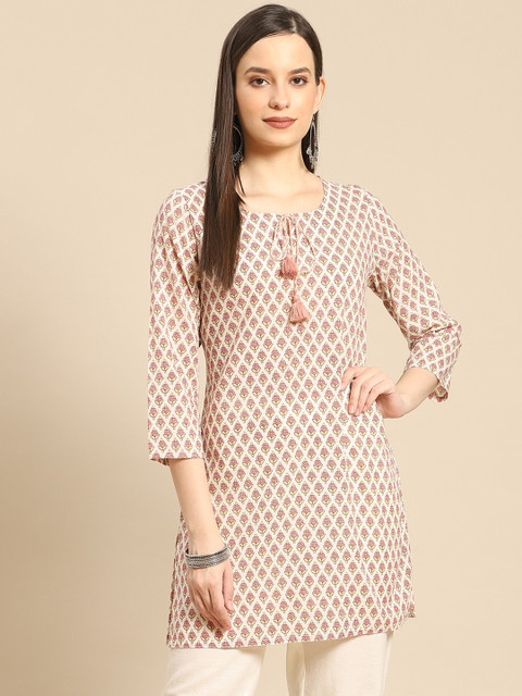 

Prakrti Off White & Pink Pure Cotton Buti Print Kurti