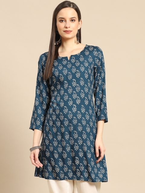 

Prakrti Women Teal Blue Ethnic Motifs Handblock Print Kurti