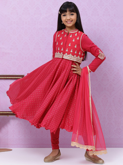 

Biba Girls Pink & Golden Printed Kurta with Churidar & Dupatta with Ethnic Jacket