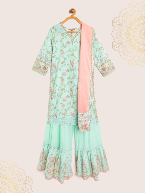 

Biba Girls Turquoise Blue & Peach-Coloured Floral Pure Cotton Kurta with Sharara & Dupatta