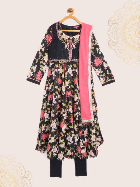 

Biba Girls Black & Pink Floral Printed Pleated Kurta Set with Ethnic Jacket