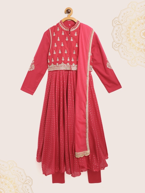 

Biba Girls Pink & Gold Polka Dot Print Kurta with Leggings Dupatta & Ethnic Jacket