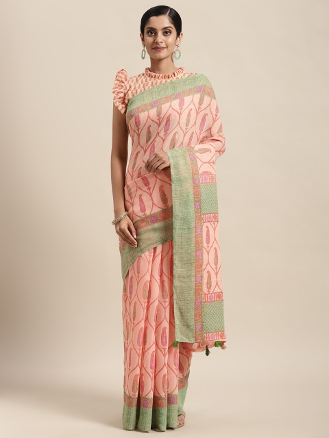 

Satrani Peach-Coloured & Green Paisley Pure Cotton Khadi Saree