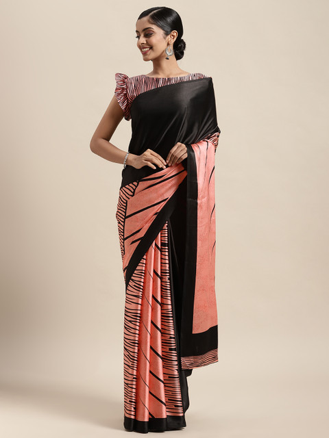 

Satrani Black & Pink Printed Satin Saree