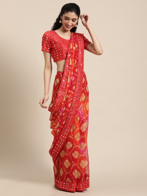 

Satrani Red & Yellow Ethnic Motifs Mirror Work Pure Georgette Saree