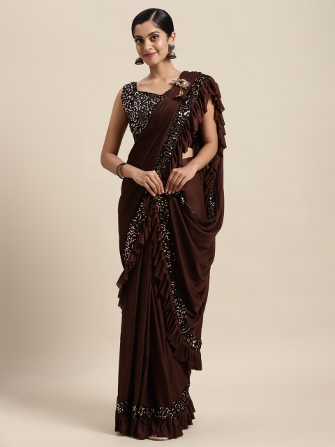 

Satrani Brown & Black Sequinned Ready to Wear Ruffle Saree