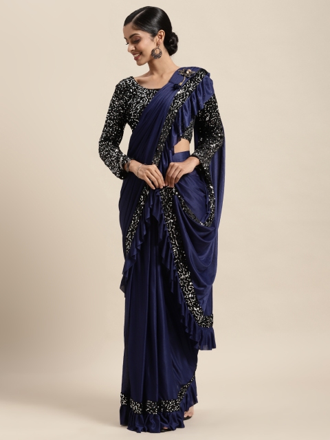 

Satrani Navy Blue & Black Sequinned Ready to Wear Ruffle Saree