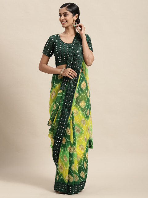 

Satrani Yellow & Green Ethnic Motifs Mirror Work Pure Georgette Saree