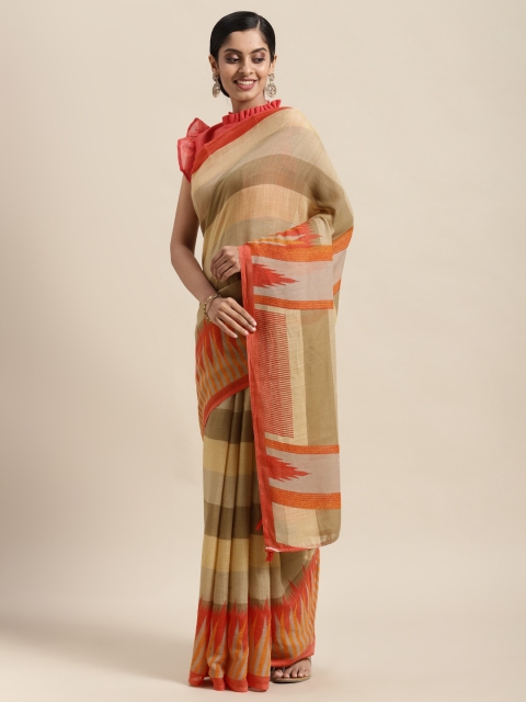 

Satrani Brown & Red Striped Pure Cotton Khadi Saree