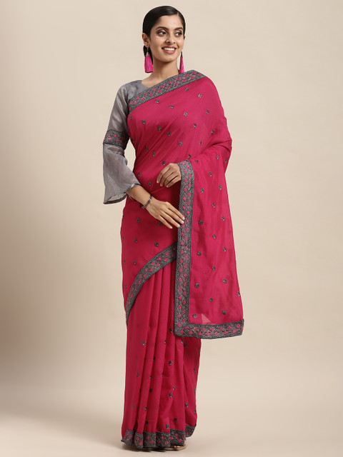 

Satrani Magenta & Grey Ethnic Motifs Embroidered Saree