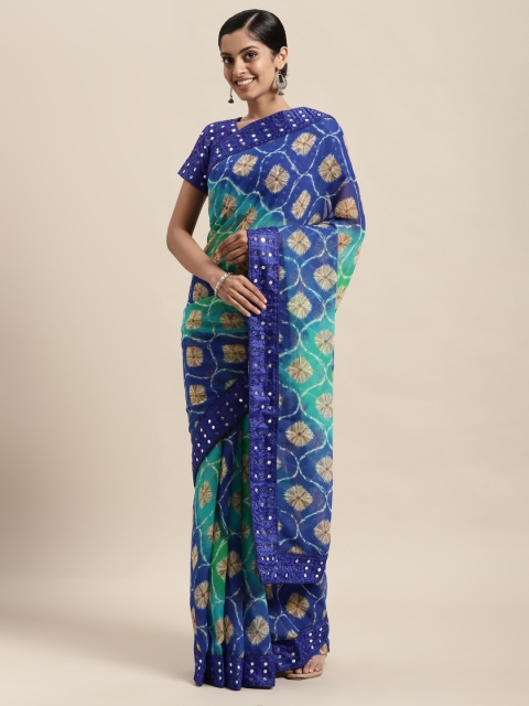 

Satrani Blue & Turquoise Blue Ethnic Motifs Mirror Work Pure Georgette Saree