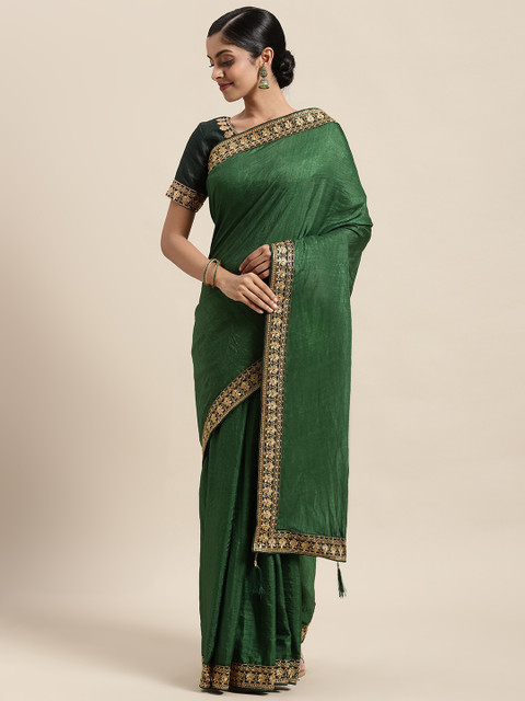 

Satrani Green & Gold-Toned Embroidered Saree