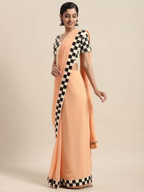 

Satrani Orange & Black Embroidered Pure Georgette Saree with Checked Details
