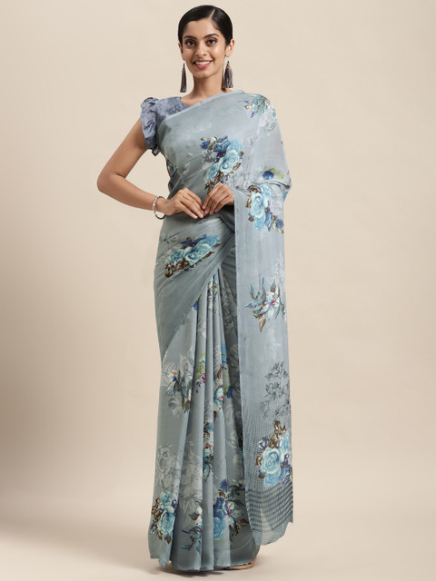 

Satrani Grey & Blue Floral Pure Crepe Saree