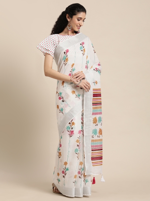 

Satrani Cream-Coloured & Pink Floral Saree