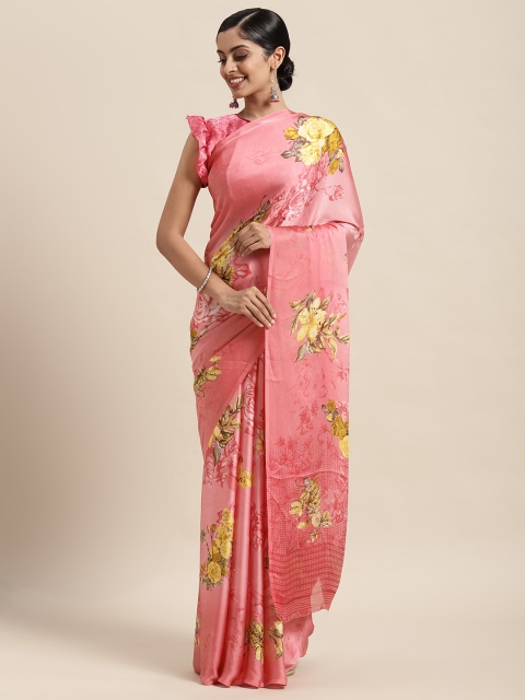 

Satrani Pink & Yellow Floral Pure Crepe Saree