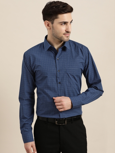 

Hancock Men Navy Blue Slim Fit Checked Cotton Formal Shirt